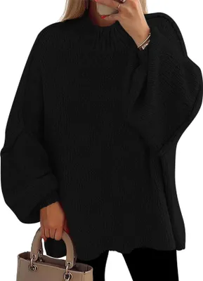 Image de ASKSA Pulls Femme Chauve-souris Oversized Col rond Elégant Casual Tricoté Hiver Haut Pulls (Noir,L)
