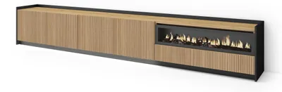 Image de SOKKEL Meuble TV, Banc Télé, 310x37x50 cm, Pour les TV jusqu'à 80", Cheminée électrique, Led, Chêne et noir