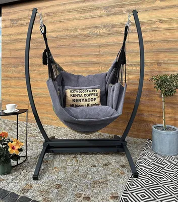 Produktbild von Izabell Hängesessel mit Gestell Stahl Hängekorb Sessel Großen Kissen Indoor - Outdoor Coffee Swing XXL (grau)