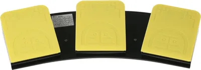 A triple foot switch device with yellow pedals on a black base, shown from a slightly elevated front angle against a white background.