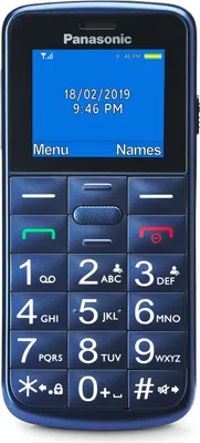 A front view of a blue Panasonic feature phone.