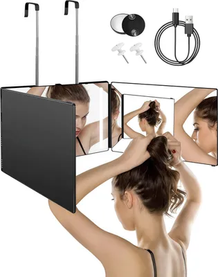Produktbild von Kosmetikspiegel, 360-Grad-Spiegel mit LED Licht, 3-Wege-Spiegel mit Haken, höhenverstellbar und wiederaufladbar, Schminkspiegel für Männer/Frauen