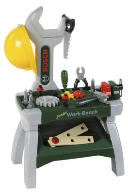 Produktbild von Theo Klein 8604 Bosch Werkbank Junior I Inkl. Helm, Schraubstock, Werkzeugen, Latten, Nägel, Schrauben und Muttern I Maße: 49 cm x 29 cm x 71 cm I Spielzeug für Kinder ab 2 Jahren
