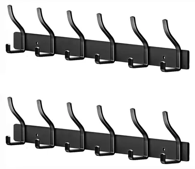 Produktbild von Schwarze Garderobe mit Edelstahlhaken, Wandhaken mit 6 Haken, Garderobe für Kleiderschrank, Wandgarderobe für Schlafzimmer, Küche, Kleiderständer (Schwarz, 6 Haken, 2 Stück)