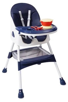 Image de Chaise haute 2 en 1 pour bébé - Chaise haute pour enfant - Réglable en hauteur - Pliable - Double plateau 43 x 25 cm - Harnais à 5 points - De 6 mois à 6 ans - Jusqu'à 80 kg - Bleu foncé