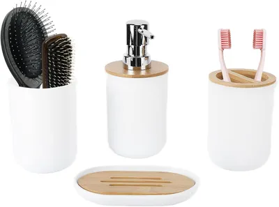 Image de Autres accessoires pour brosses à dents : ensemble de 4 pièces pour la salle de bain, comprenant un distributeur de savon, un support pour brosses à dents, un gobelet à dents et un porte-savon (blanc)