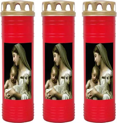 Zdjęcie produktu dla Świeca grobowa czerwona 3-pak, czas palenia: 170 godzin (na świecę), motyw: Maryja z barankiem
