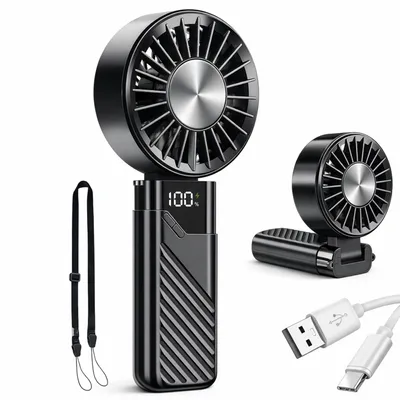 Produktbild von Tragbarer, wiederaufladbarer 3-in-1-Ventilator mit USB-C-Anschluss – faltbarer Taschenventilator zum Umhängen mit 4 Geschwindigkeitsstufen und Akkusta