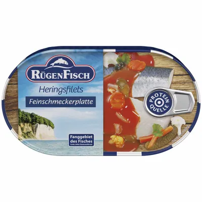 Produktbild von Rügenfisch Feinschmecker Platte, Heringsfilet mit feinem Gemüse VPE (19x200g Dose)