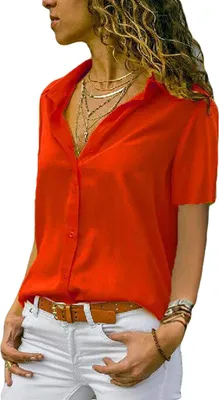 Image de ASKSA Chemisier Femme Mousseline Elégant Hauts Manches Courtes Unicolore Col en V Chemise Libre T-Shirt Tops, Orange, L