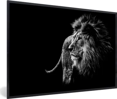 Produktbild von MuchoWow® Gerahmtes Poster Tiere - Wild - Löwe - Schwarz - Weiß 90x60 cm - Poster mit Schwarzem Bilderrahmen Wandposter Rahmen Foto Bilder - Fotorahmen - Foto-Plakat