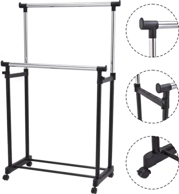 Produktbild von Goplus Kleiderstaender mit 2 Kleiderstangen, Waeschestaender mit Raedern, Garderobenstaender Hoehenverstellbar, Garderobenwagen aus Stahl, Rollgarderobe
