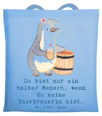 Produktbild von Mr. & Mrs. Panda Tote Bag Bierbrauerin Herz - Sky Blue - Geschenk, Schultasche, Bierfass, Hobbybrauen, Einkaufstasche, Einkaufstüte, Jutebeutel, Tasche, Biergeschenk