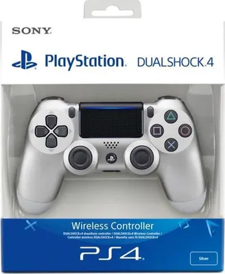 A silver PlayStation 4 DualShock 4 controller is displayed in its retail packaging.