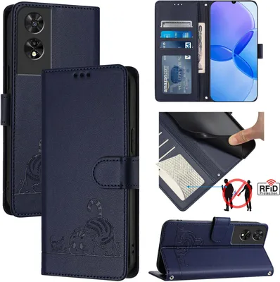 Produktbild von Leder Hülle für TCL 505 Süße Katze Flip Case Brieftasche Schutzhülle mit Standfunktion Blau