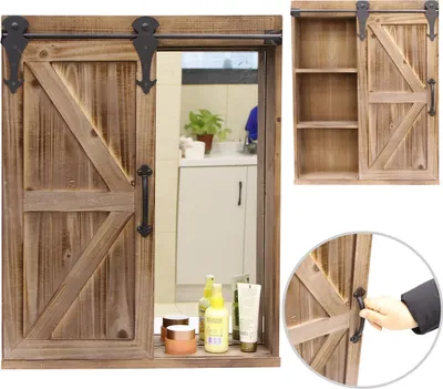 Produktbild von Wandregal mit Schiebetür & Spiegel rustikaler Hängeschrank Braun Holz