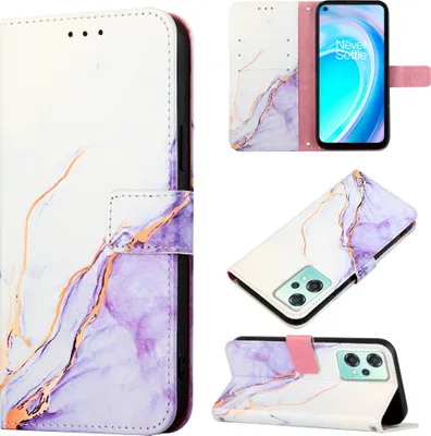 Produktbild von OnePlus Nord CE 2 Lite 5G Hülle, Marmor Motiv Kunstleder Tasche Wallet Kartenfächer mit Standfunktion Klapp Schutzhülle für OnePlus Nord CE 2 Lite 5G Weiß Lila