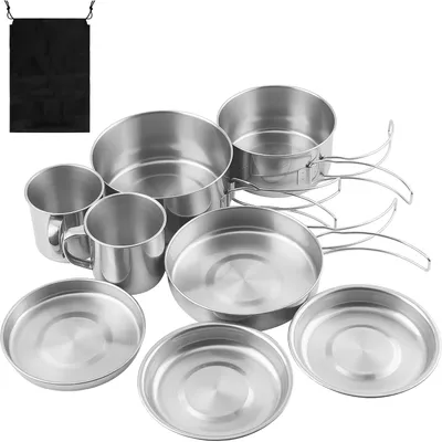 Imagen del producto de Juego de utensilios de cocina para camping, de 8 piezas, de acero inoxidable, con capacidades de 900 ml, 600 ml y 450 ml, ideal para cocinar al aire libre