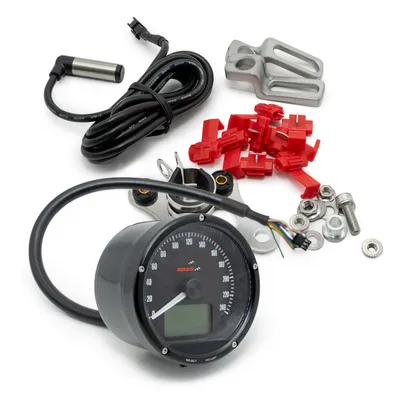 Produktbild von Koso Tachometer mit schwarzem Ziffernblatt, schwarzer Oberfläche und schwarzer Blende 0-240km/h oder MPH, einstellbar universal