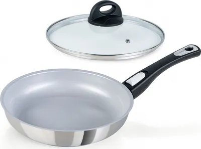 A frying pan and its lid are displayed against a white background.