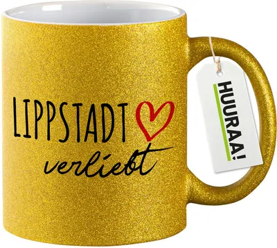 Produktbild von Huuraa Glitzertasse Lippstadt verliebt 330ml Gold Keramik Kaffeebecher Geschenkidee