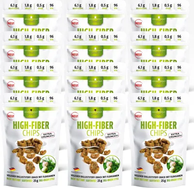 Produktbild von High-Fiber Chips Dill-Onion Style 12 x 25 g Beutel, sättigender Ballaststoff Snack, Omega-3, vegan und glutenfrei