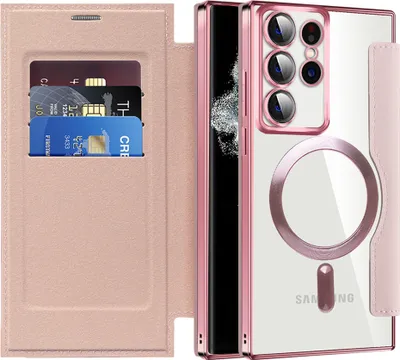 Produktbild von Klapphülle für Samsung Galaxy S22 Ultra 5G Kompatibel mit Magsafe, Klar Überzug Kartenhalter Ledertasche mit Kameraschutz Pink
