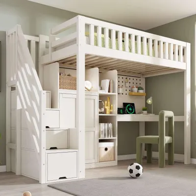 Produktbild von Hochbett Kinder mit Treppenschrank, Stauraum & Sicherheitsgeländer - Platzsparend & Praktisch für Geschwister - Weiß, ohne Matratze 90x200 cm