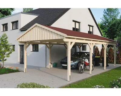 Produktbild von Einzelcarport SKAN Holz Fichtelberg inkl. Dachschindeln rot 423 x 808 cm natur