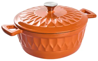 Obrázok produktu pre BELIANI, hrniec na pečenie, oranžová farba, liatina, smaltovaný, okrúhly, priemer 28 cm, s pokrievkou, vhodný do rúry a na všetky typy sporákov, bez , moderný dizajn, vhodný na dusenie, ako kasserola alebo na prípravu mäsa