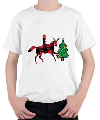 Produktbild von Oh What Fun Tis To Ride Weihnachten Pferd Rentier Buffalo Plaid Kinder T-Shirt, Weiß, 128