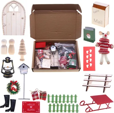 Produktbild von （D）Wichteltür Zubehör Weihnachten Set - Weihnachtswichtel Tür Komplettset mit Licht, Holz Elfentür für Feentür Dänische Weihnachtsdeko, Weihnachtsdeko für Kinder und Geschenke