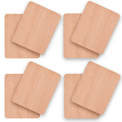 Four pairs of wooden coasters arranged in a grid on a white background.