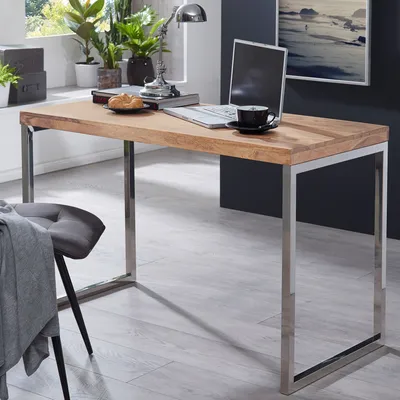 Produktbild von FineBuy Schreibtisch Akazie Massivholz Computertisch 120 x 60 cm Laptoptisch Landhaus Konsolentisch mit Metallbeinen Sheesham // Akazie