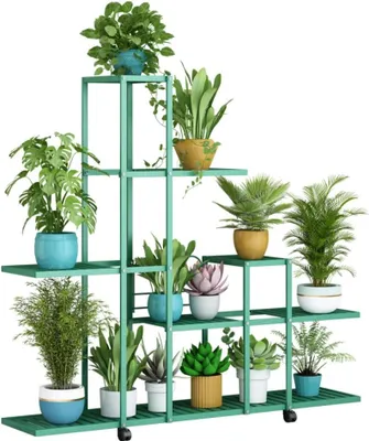 Productafbeelding van Metaal plantenrek op wielen, geschikt voor binnen- en balkon, afmetingen 92 x 93 x 26 cm (groen)