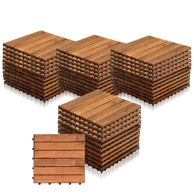 Zdjęcie produktu dla Izrielar 44 szt. Płytki drewniane na taras, mozaika drewniana 30x30 cm – płytki balkonowe odporne na warunki atmosferyczne z drewna akacjowego z systemem zatrzaskowym do tarasu i balkonu