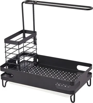 A black kitchen sink organizer with a towel bar and a removable drip tray.
