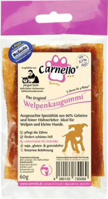 Produktbild von Hundesnack Carnello Welpenkaugummi, 90% Gelatine und Hühnerleber, reinigt das Gebiss, soja-, gluten- & getreidefrei, 60