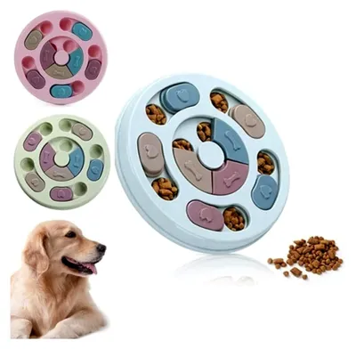 Produktbild von Puzzle-Spielzeug für Hunde und Katzen zur Förderung von Intelligenz und langsamen Fressen. Interaktives Lernspiel in Rosa und Hellblau.
