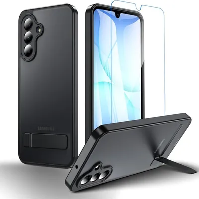 Obrázok produktu pre Puzdro na mobil s držiakom a ochranným sklom pre Samsung Galaxy A17 5G, čierna farba, 2v1 sada
