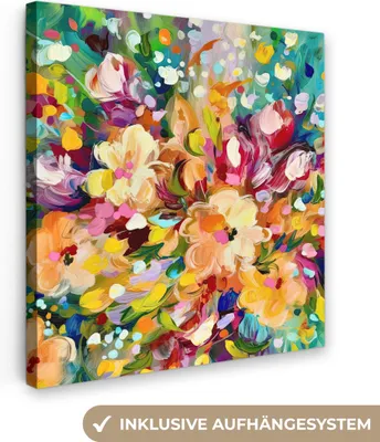 Produktbild von MuchoWow® - Leinwandbilder - Gemälde - Ölfarbe - Blumen - Regenbogen, Wandbild, Wanddeko Bilder Wohnzimmer, 50x50 cm