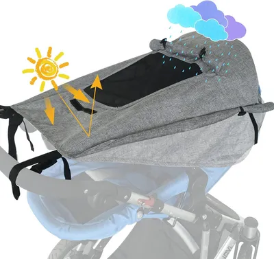 Produktbild von Sonnensegel Kinderwagen mit UV Schutz 50+ und Wasserdicht, Double layer fabric mit Sichtfenster und extra breite Schattenflügel, Grau