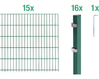 Obrázek produktu pro Alberts 653453 Doppelstabmattenzaun als 32 tlg. Zaun-Komplettset, grün, Höhe 140 cm, Länge 30 m