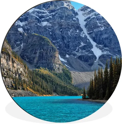 Produktbild von MuchoWow® Aluminium Wandkreis Berge hinter dem Moraine Lake in Kanada Ø 60 cm Wanddeko Modern Wohnzimmer - Wand Kreis - Wandbild - Schlafzimmer - Aluminium Bild - Kinderzimmer - Wohnzimmer Dekoration - Wandschmuck