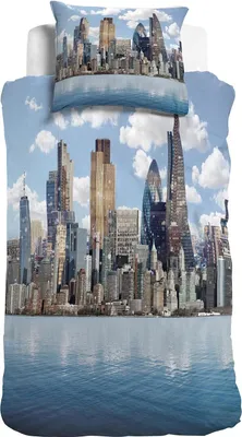 A duvet cover and pillowcase set featuring a panoramic view of the London skyline reflected in water.