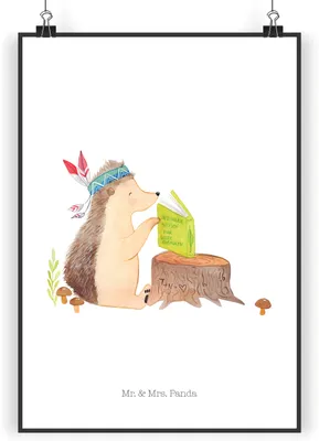 Produktbild von Mr. & Mrs. Panda Bild Igel Federschmuck DIN A4 - Weiß - Geschenk, Plakat, drucke, wanddeko, Lagerfeuer, Deko, Camping, Tiere, Wandbild, Abenteuer, Indianer