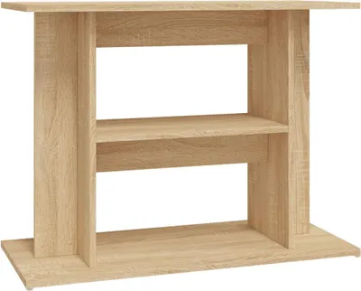 A product shot of a wooden aquarium stand with shelves against a white background.