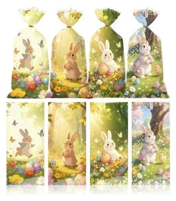 Produktbild von 150 Stück Geschenktüten Ostern mit Süßen Hasen Motiven | Große Tüten Ostern für Süßigkeiten Plätzchen Gebäck | Bunte Mitgebsel Tüten für Osterfest Schule Beutel 12,5 x 27 cm Ostertüte