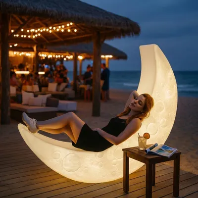 Immagine prodotto di Milani Home - lettino luminoso da esterno a forma di luna, 150 x 40 x 85 cm, in polietilene, per giardino terrazzo e area lounge