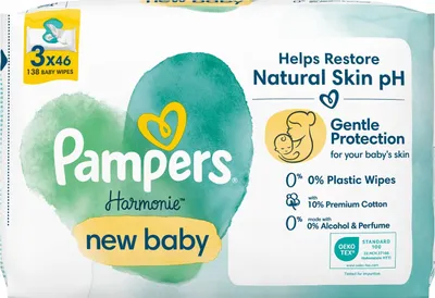Zdjęcie produktu dla Pampers Harmonie New Baby Chusteczki nawilżane dla dzieci 3 opakowań = 138 chusteczek